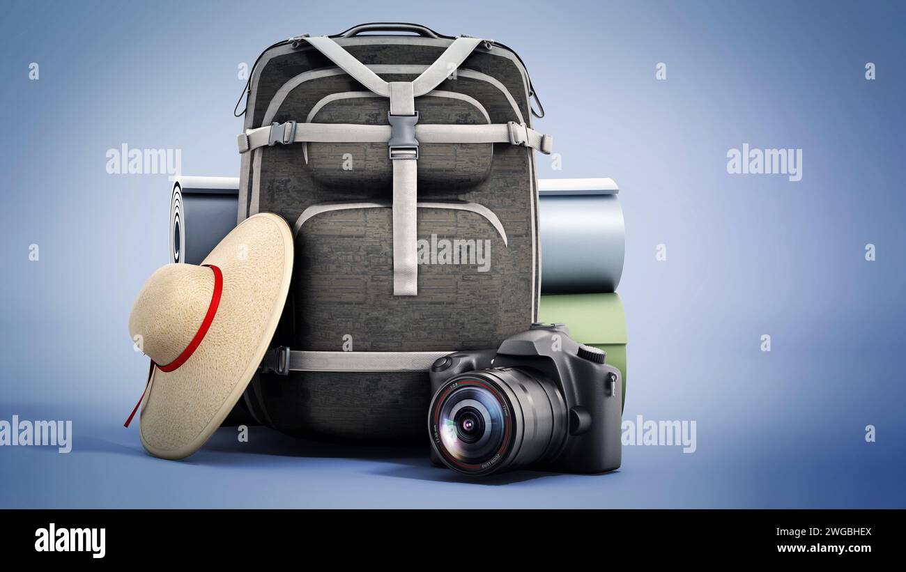 Traveller's backpack, hat, camera and sleeping mats. 3D illustration. Stock Photo