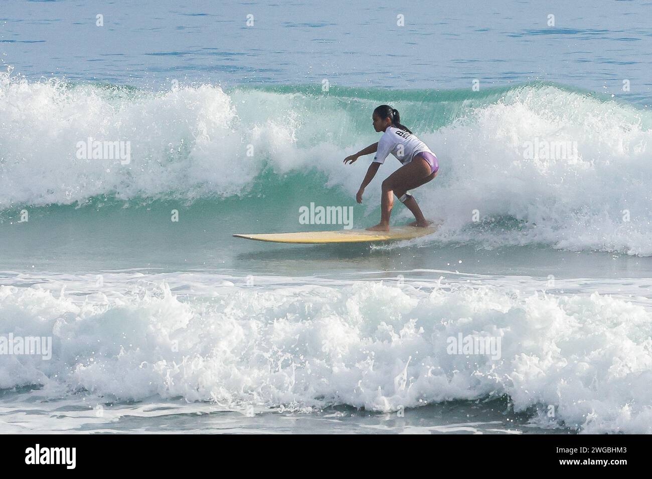 Aurora Province, Philippines. 4th Feb, 2024. Kaila De La Torre of the Philippines competes during the women's round of 16 match in the Longboard Qualifying Series at World Surf League Baler International Pro in Aurora Province, the Philippines, on Feb. 4, 2024. Credit: Rouelle Umali/Xinhua/Alamy Live News Stock Photo