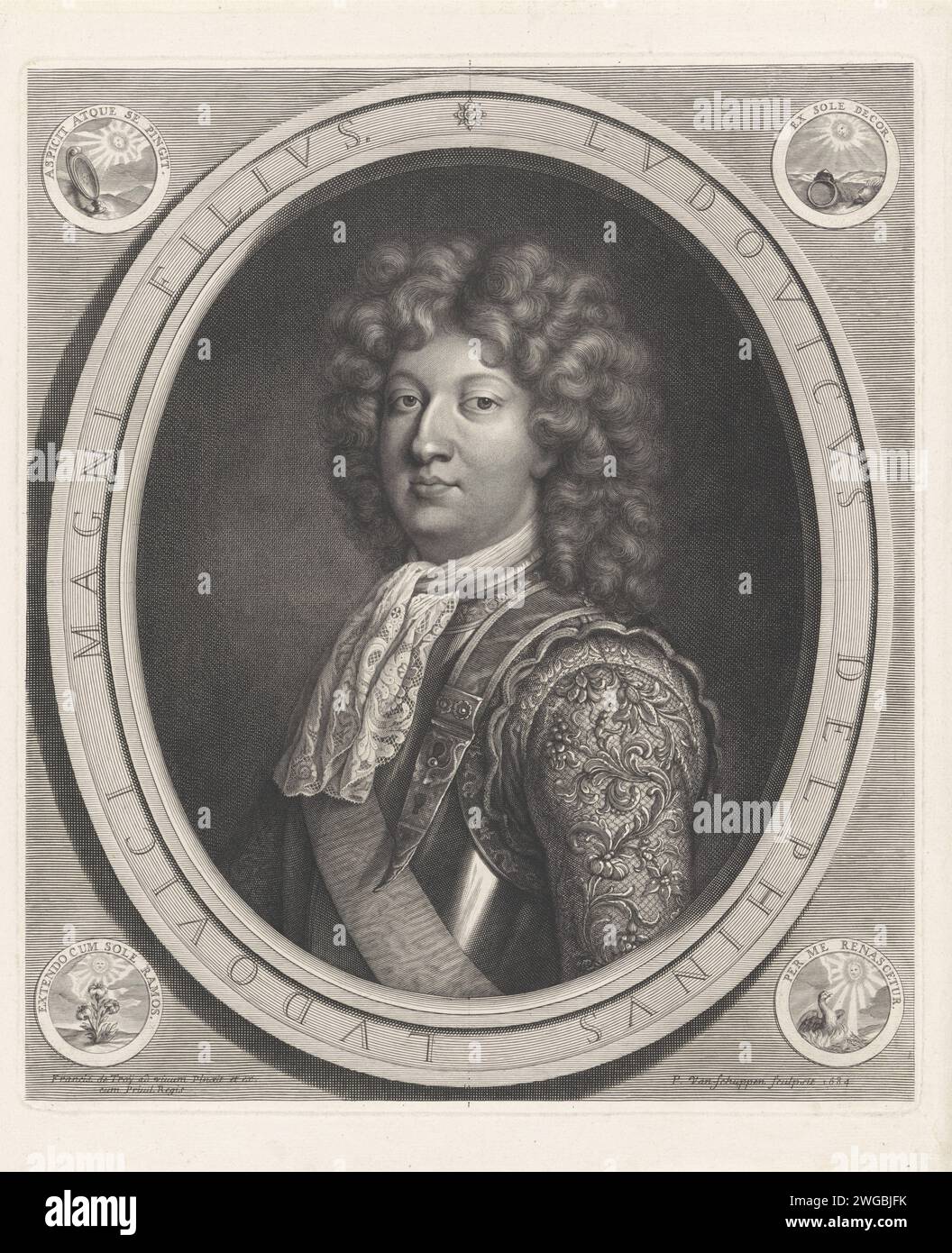 Portrait of Lodewijk, Dauphin van France, Pieter van Schuppen, after François de Troy, 1684 print Portrait of Lodewijk, Dauphin van France in an oval random frame with his name on it. In the four corners an emblem with Latin poetry lines.  paper engraving Stock Photo