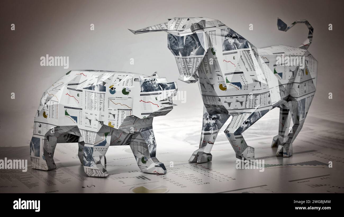 low-poly-bull-and-bear-standing-on-finance-newspaper-page-3d