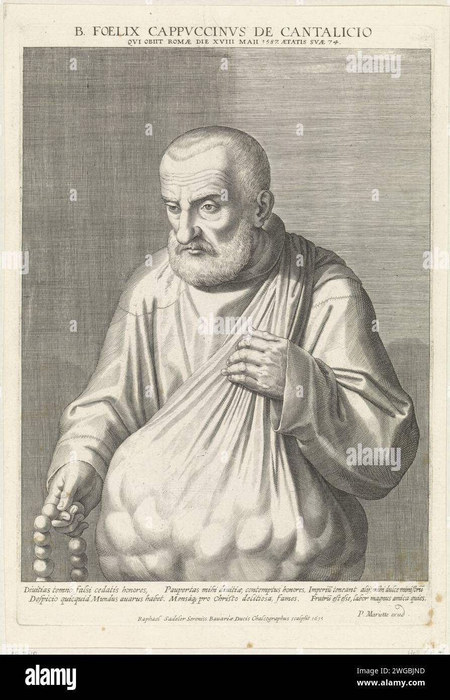 Portrait of the Holy Felix van Cantalice, Raphaël Sadeler (II), 1615 print The H. Felix van Cantalice, a lay brother-capucin from the sixteenth century. In his hands a rosary and a begging bag. München paper engraving male saints (with NAME) Stock Photo