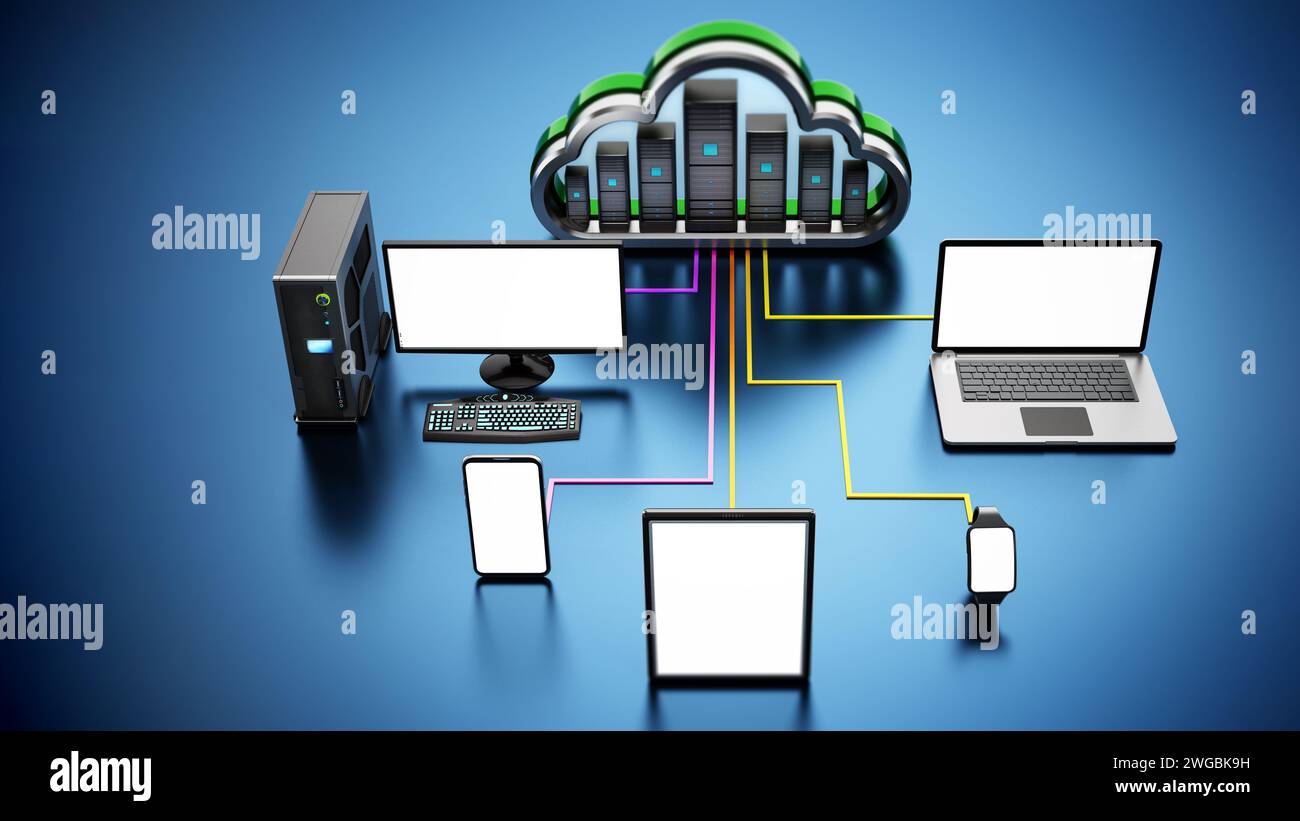 Smart devices connected to the cloud shaped servers. Cloud computing diagram. 3D illustration. Stock Photo