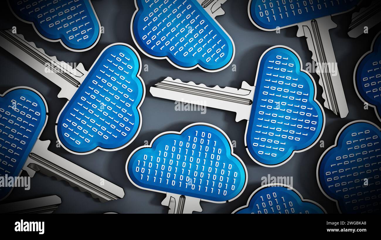 Metal keys with cloud shapes and binary codes on top. Cloud computing concept. 3D illustration. Stock Photo