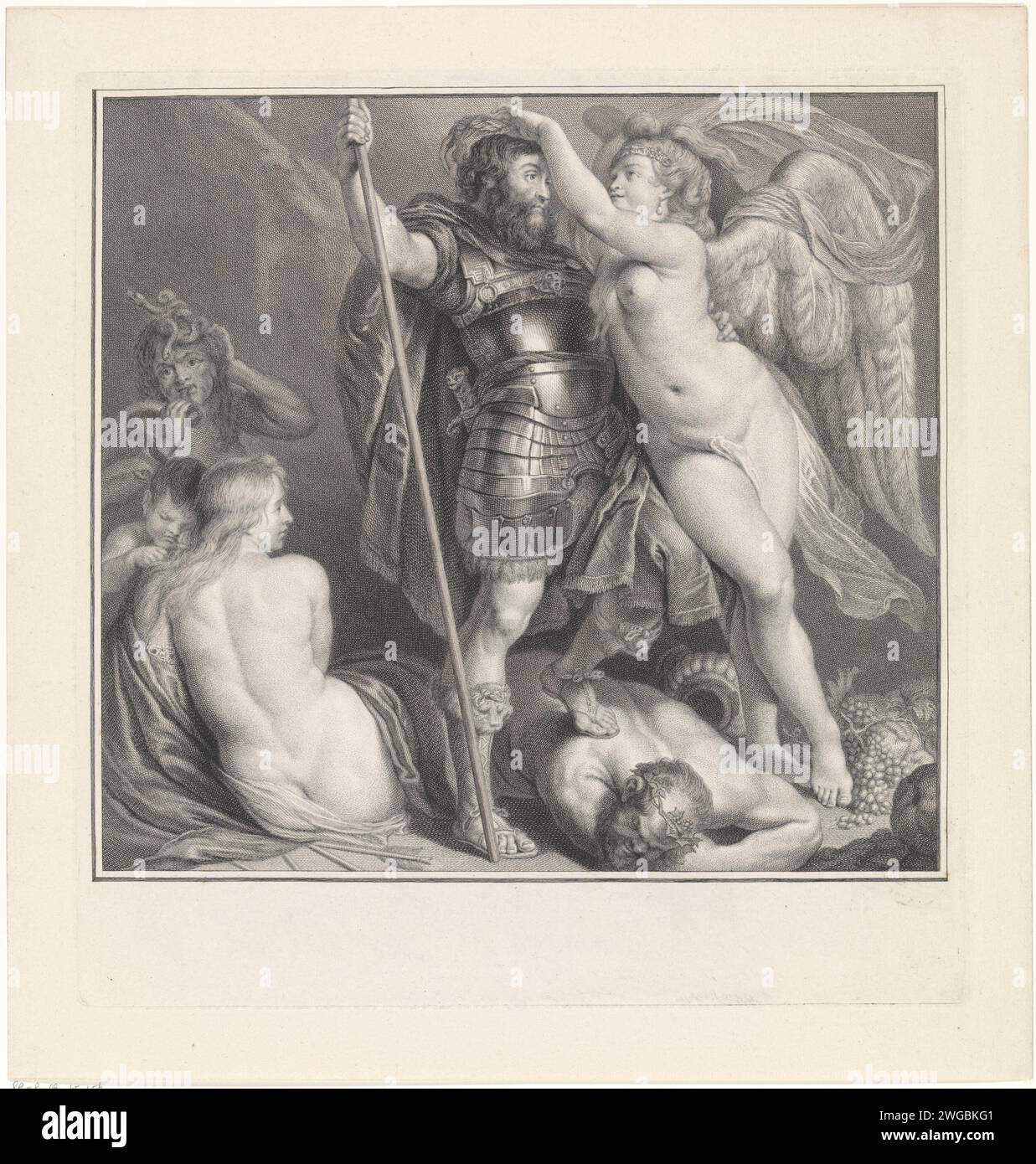 Victoria crowns a virtuous hero, Pieter Tanjé, after Peter Paul Rubens, after Charles François Hutin, 1716 - 1761 print The goddess of victory, Victoria, puts a laurel wreath on the head of a virtuous Gaharnaste hero. The hero has overcome drinks, pleasure and envy. He stands with his foot on Bacchus, the god of the wine. Behind him are the grieving Venus and Amor and stands the envy. Amsterdam paper engraving / etching 'Victoria'; 'Vittoria', 'Naval victory', 'Victory of antiqui' (Ripa). Crowning with Laurel. (Story of) Bacchus (Dionysus), Liber. Venus and Cupid (Cupid Not Being Mere Attribut Stock Photo