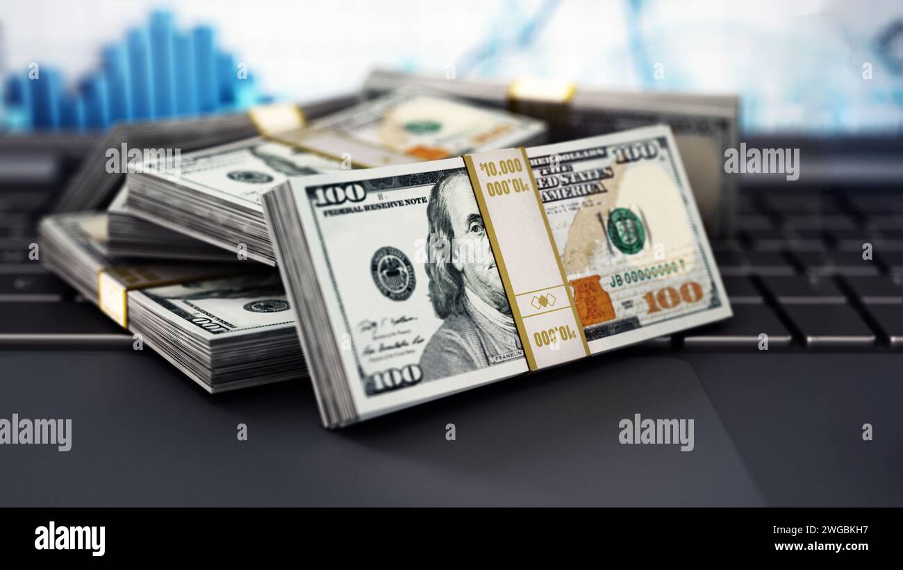 Dollar bills standing on laptop keyboard. 3D illustration Stock Photo ...