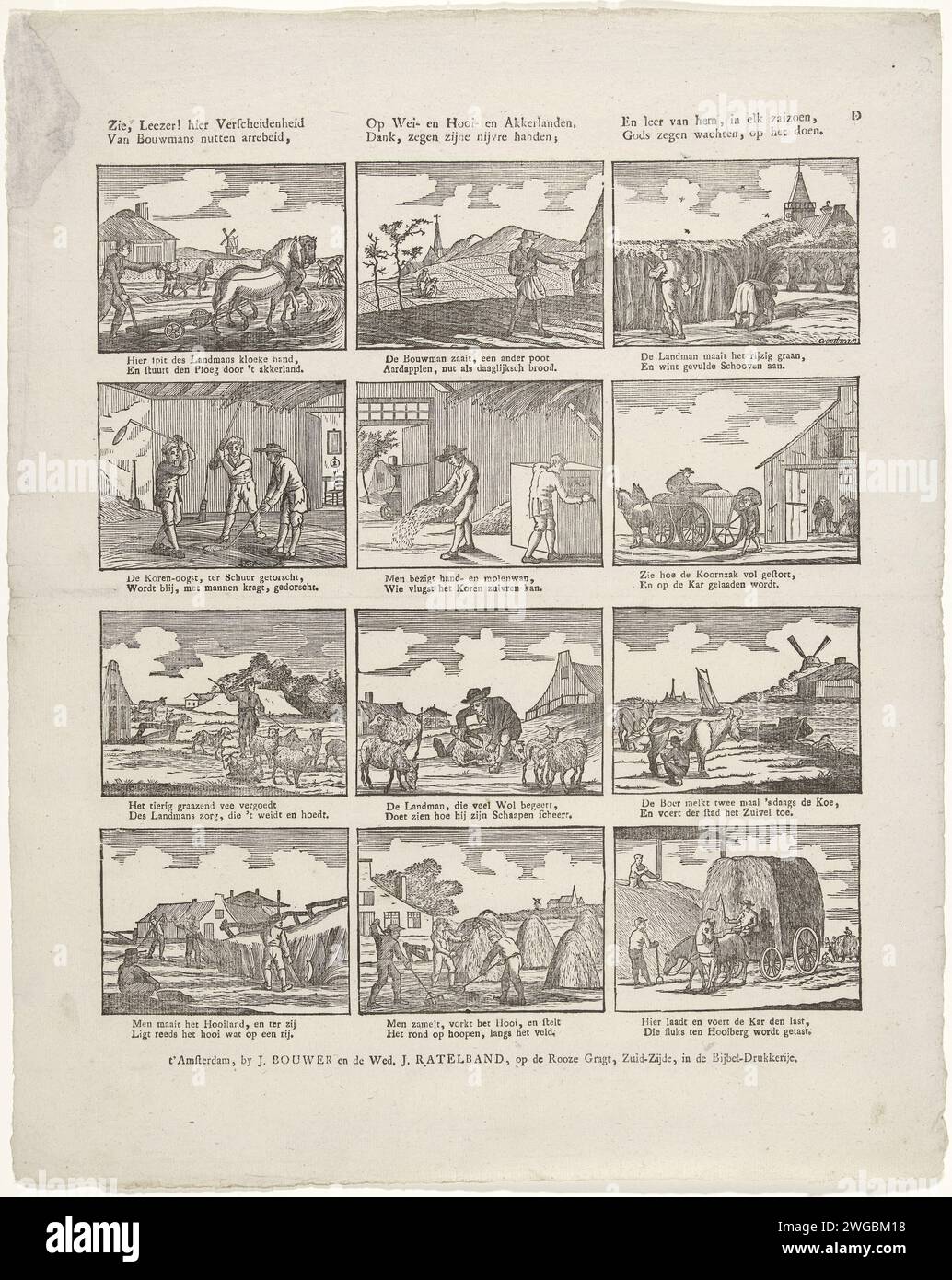 See, Leezer! Here variety / Van Bouwmans Nutten Arrebeid, (...), 1794 - 1804 print Leaf with 12 performances of the work of the farmer in agriculture and animal husbandry. Under each image a two -way verse. Numbered at the top right: D. print maker: Netherlandspublisher: Amsterdam paper letterpress printing agriculture, cattle-breeding, horticulture, flowerculture, etc.. farmers Stock Photo