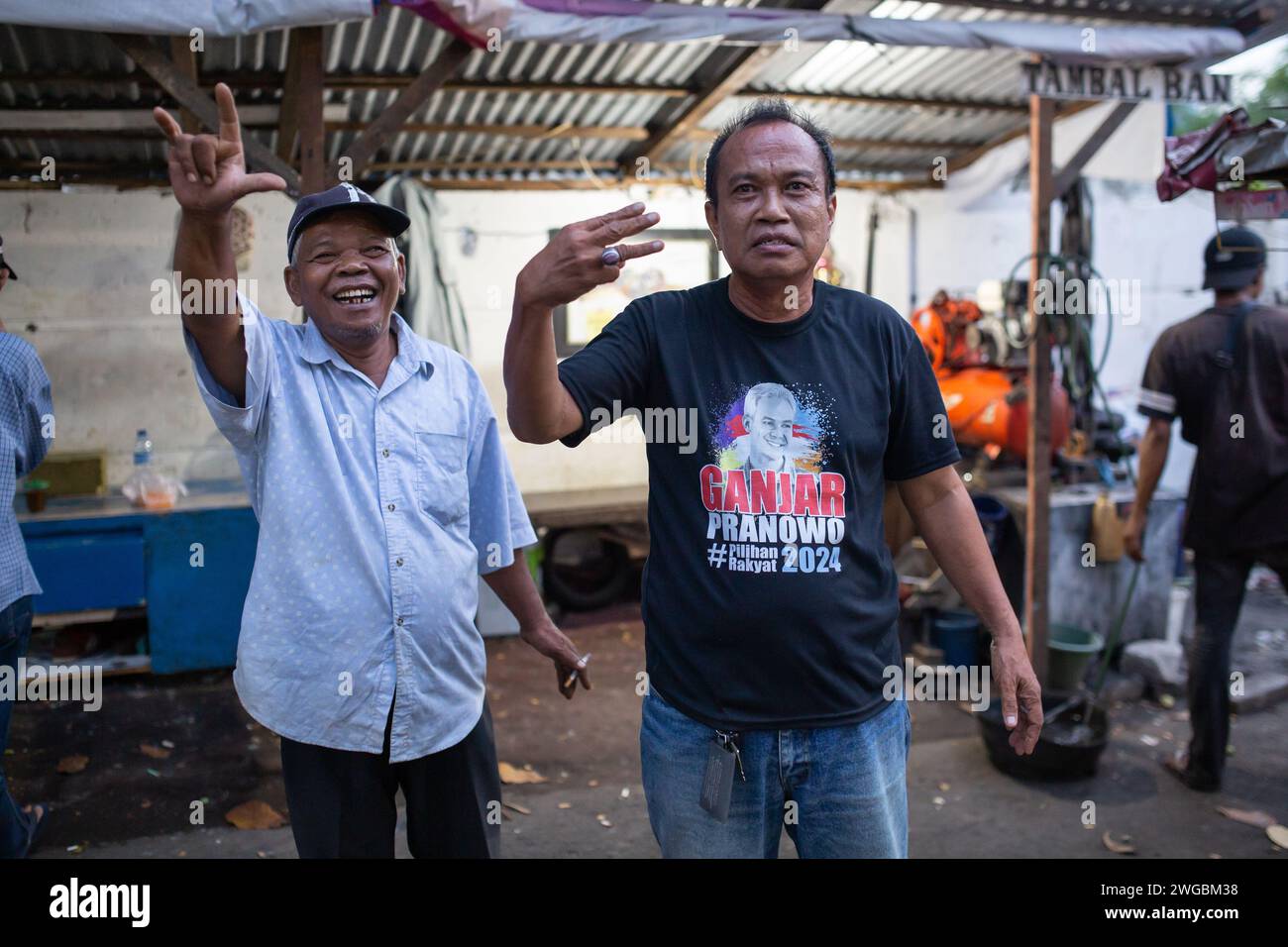 Jakarta, Indonesia - February 3, 2024: Two unidentified supporters of a Mr Ganjar Pranowo, a candidate for a president of Indonesia. Stock Photo