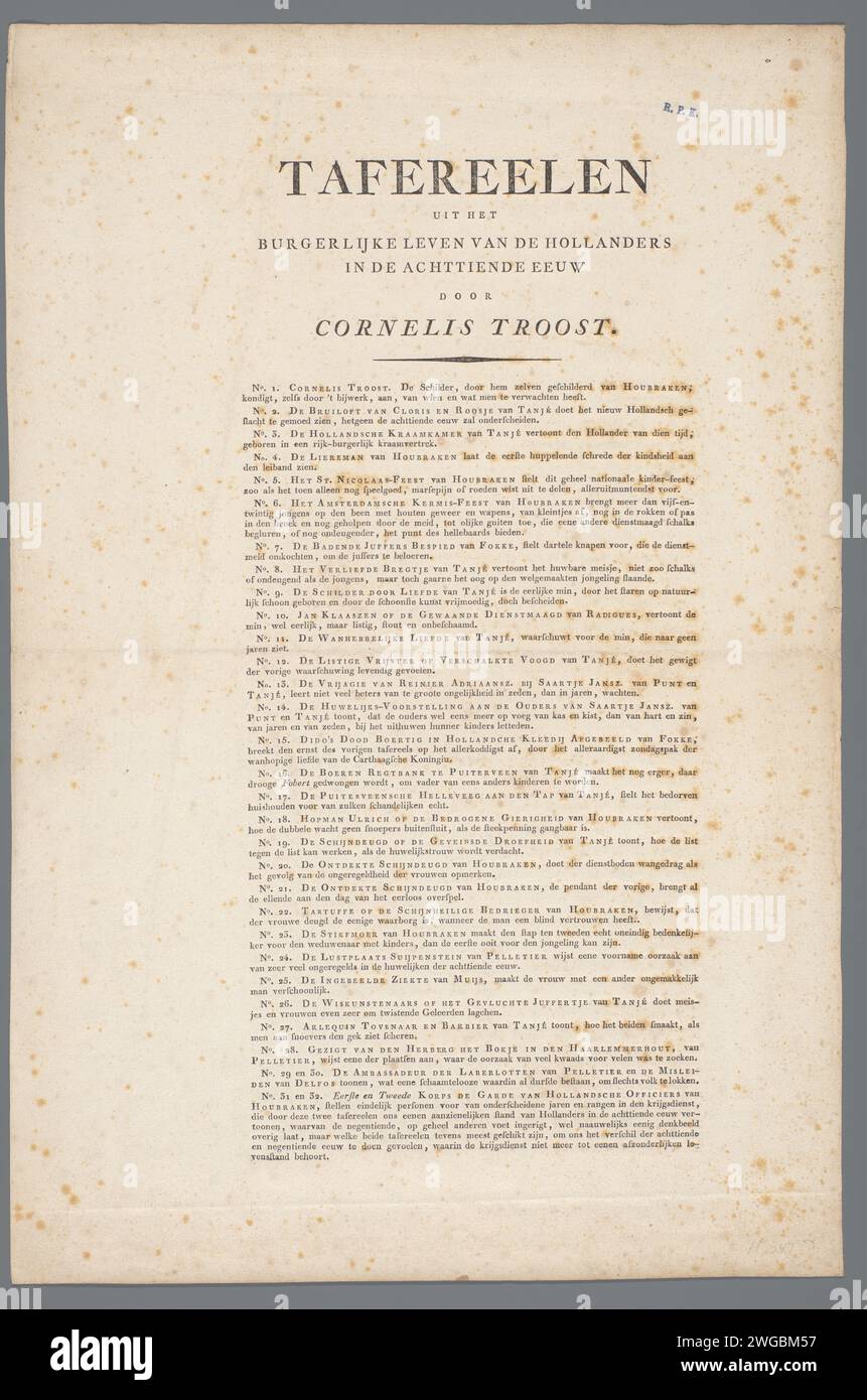 List of prints to paintings by Cornelis Troost, Evert Maashamp, 1811 text sheet A numbered list of prints by Jacob Houbraken, Pieter Tanjé, Jan Punt, Simon Fokke, Jean Pelletier, Radiques, Delfos and Robbert Muys after paintings by Cornelis Troost, who were re -published in 1811 by Evert Maaskamp. Amsterdam paper letterpress printing Stock Photo