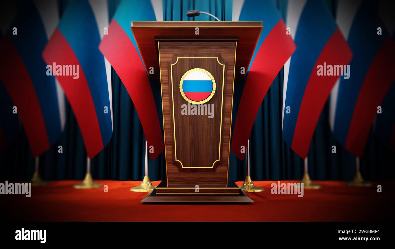 Group of Russian flags standing next to lectern in the conference hall. 3D illustration. Stock Photo