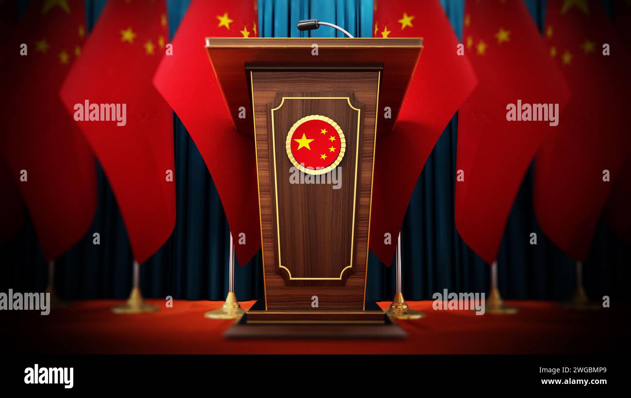 Group of Chinese flags standing next to lectern in the conference hall. 3D illustration. Stock Photo
