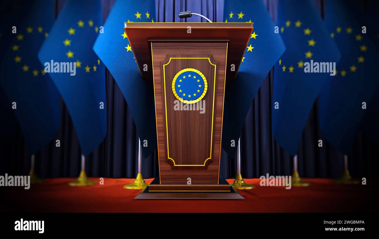 Group of European Union flags standing next to lectern in the conference hall. 3D illustration. Stock Photo