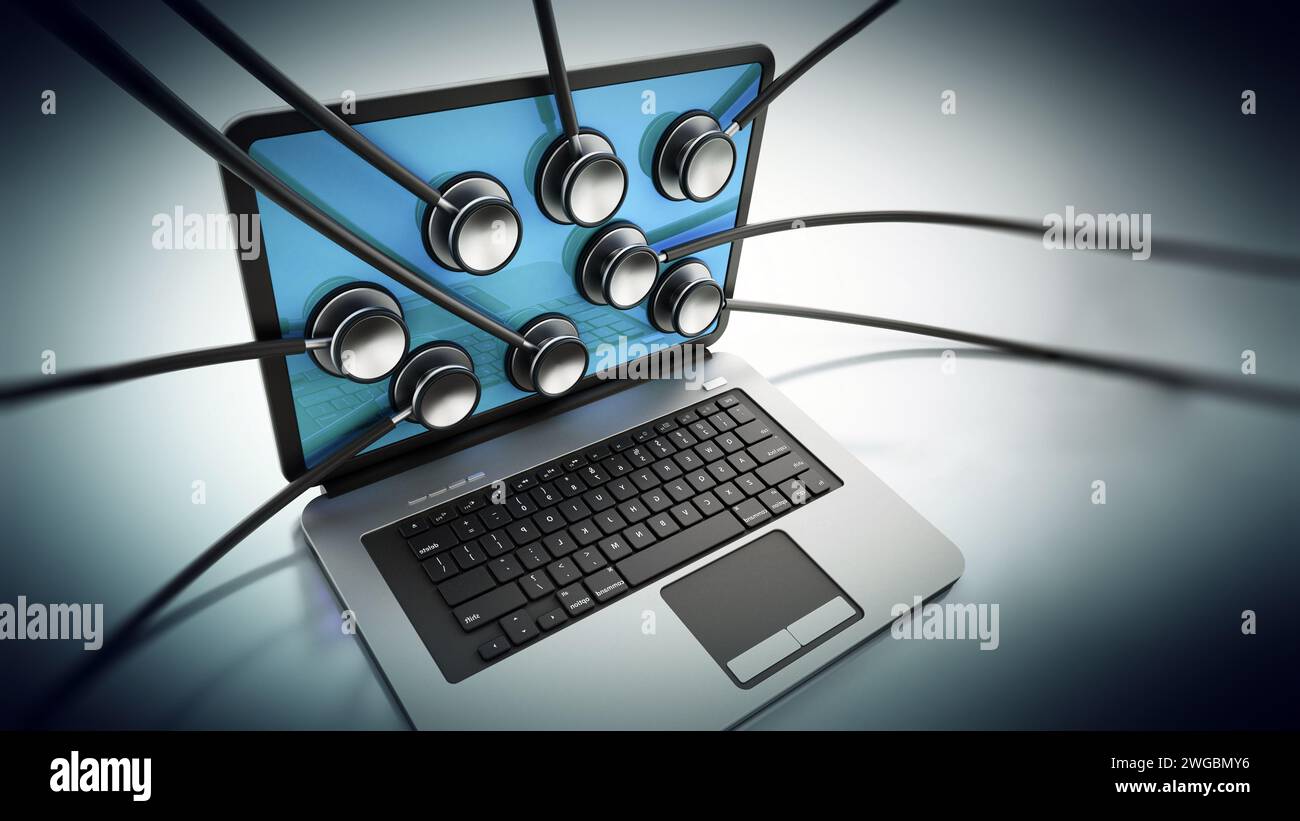 Stethoscopes on the laptop computer screen. 3D illustration. Stock Photo