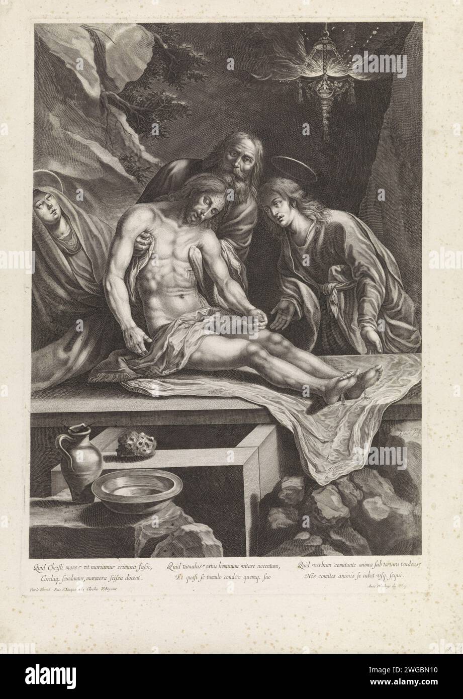 Graphing, Jeremias Falck, 1639 - 1646 print Joseph of Arimatea puts the body of Christ on a table in the presence of the two Maria's. In the foreground one can, a bowl and a sponge. Under the show a inscription in Latin. print maker: Parispublisher: ParisFrance paper engraving Christ's entombment (possibly by angels) Stock Photo