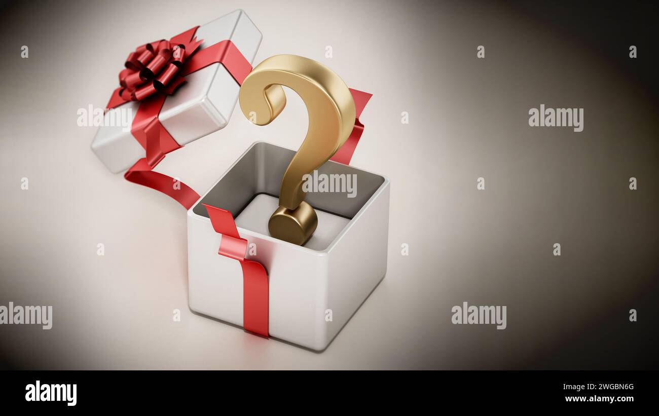 Gold question mark inside open giftbox. 3D illustration Stock Photo - Alamy
