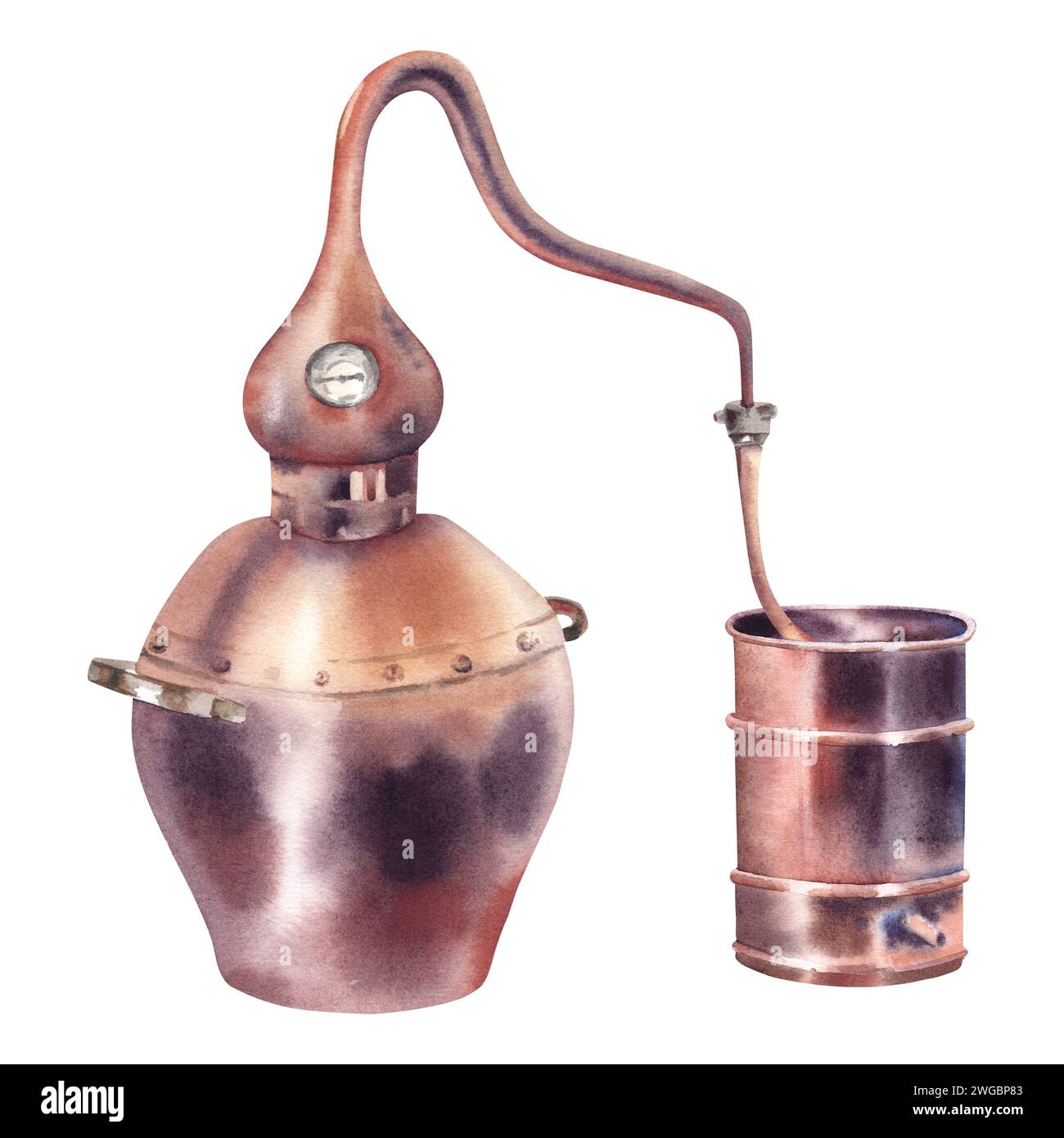Watercolor moonshine still. Alambique for the production of alcohol