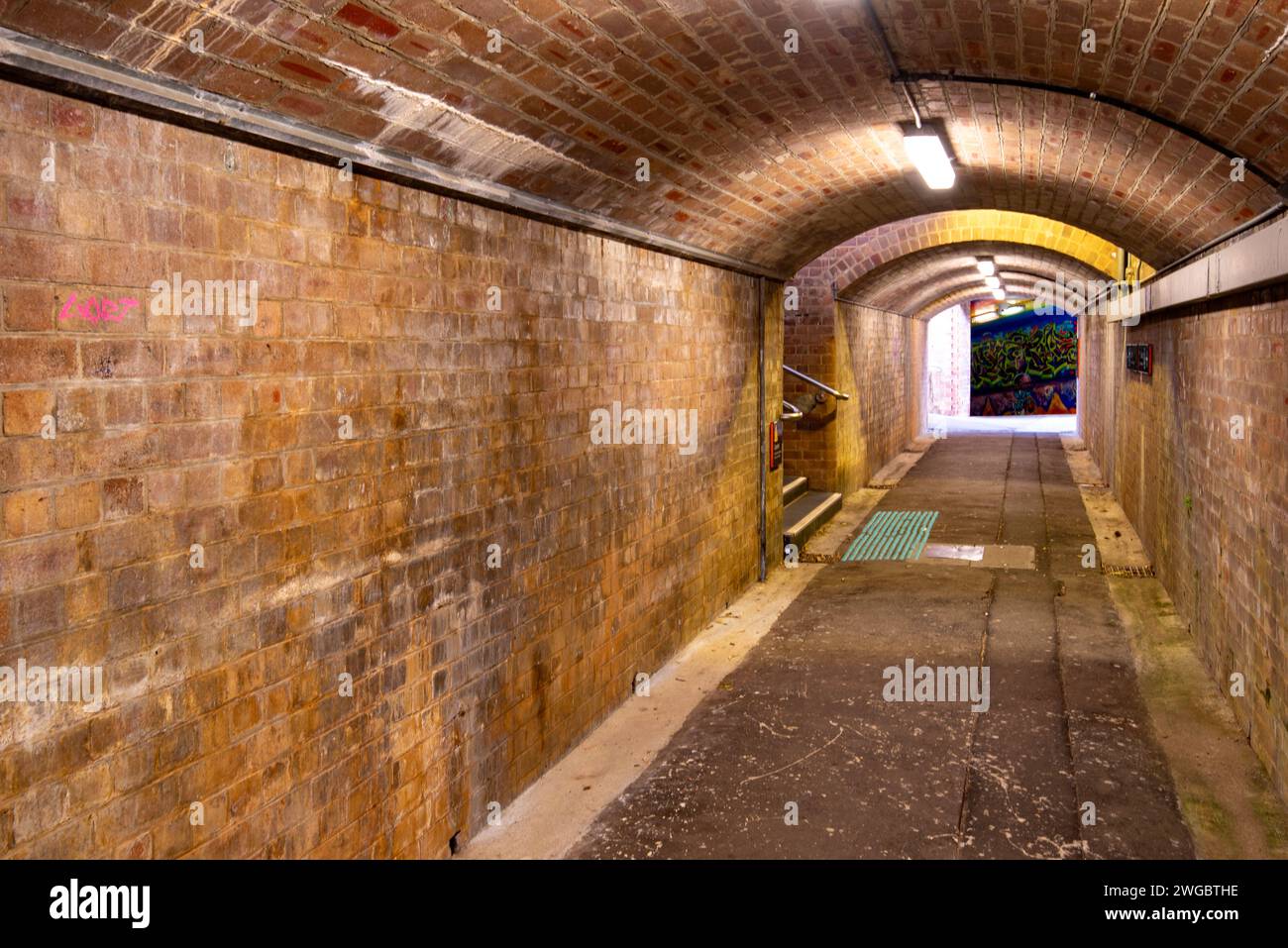 Double ended brick subway entrance provides access to the Lawson Railway Station island platform on the main western line in New South Wales Australia Stock Photo