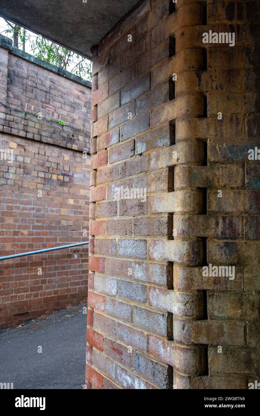 Bullnose shaped bricks joined at the corner of an underpass at Lawson Railway Station, New South Wales to create a strong smooth rounded corner finish Stock Photo