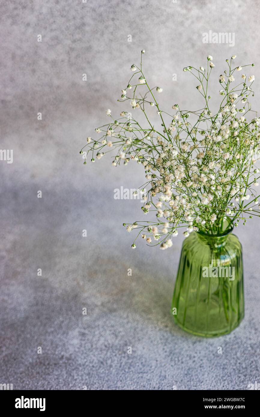 Close-up of a bunch of  white Gypsophila flowers in a green glass vase on a table Stock Photo