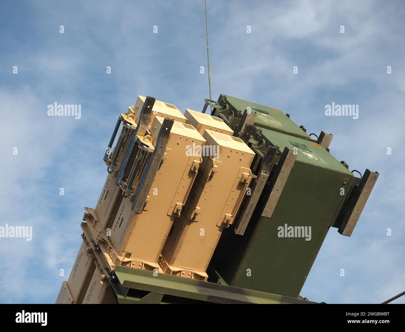 Malacky, Slovakia, 27 August, 2022. A U.S. Army Patriot SAM launching station with PAC-3 and MSE missile canisters aimed at the sky. Stock Photo