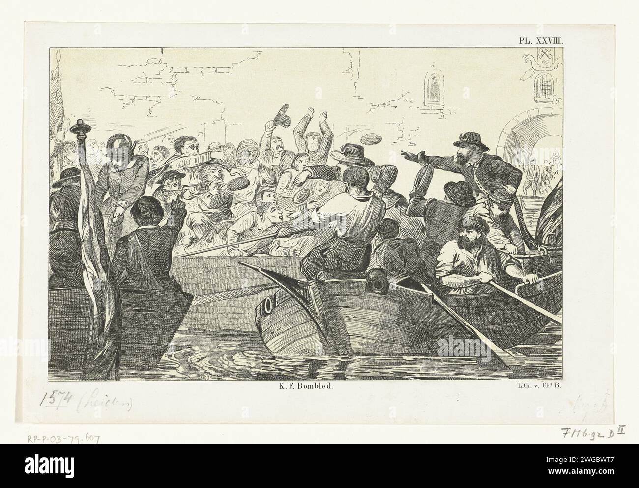 The relief of Leiden, 1574, 1853 - 1861 print The relief of Leiden, October 3, 1574. From the Geuzenboots, bread is thrown to the starved inhabitants of the city. Netherlands paper  raising the siege with outside assistance, relief Leiden Stock Photo