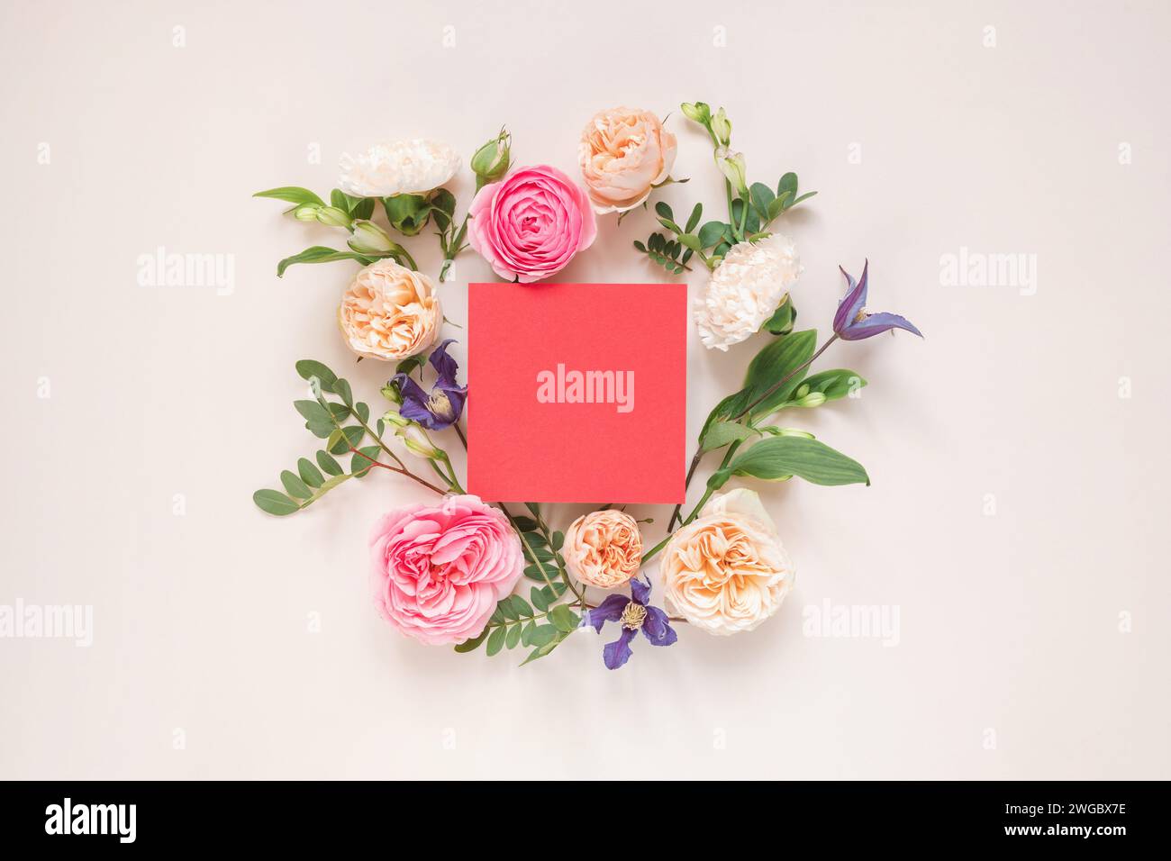 Overhead view of roses, chrysanthemums and alstroemeria flowers arranged around a blank pink card Stock Photo