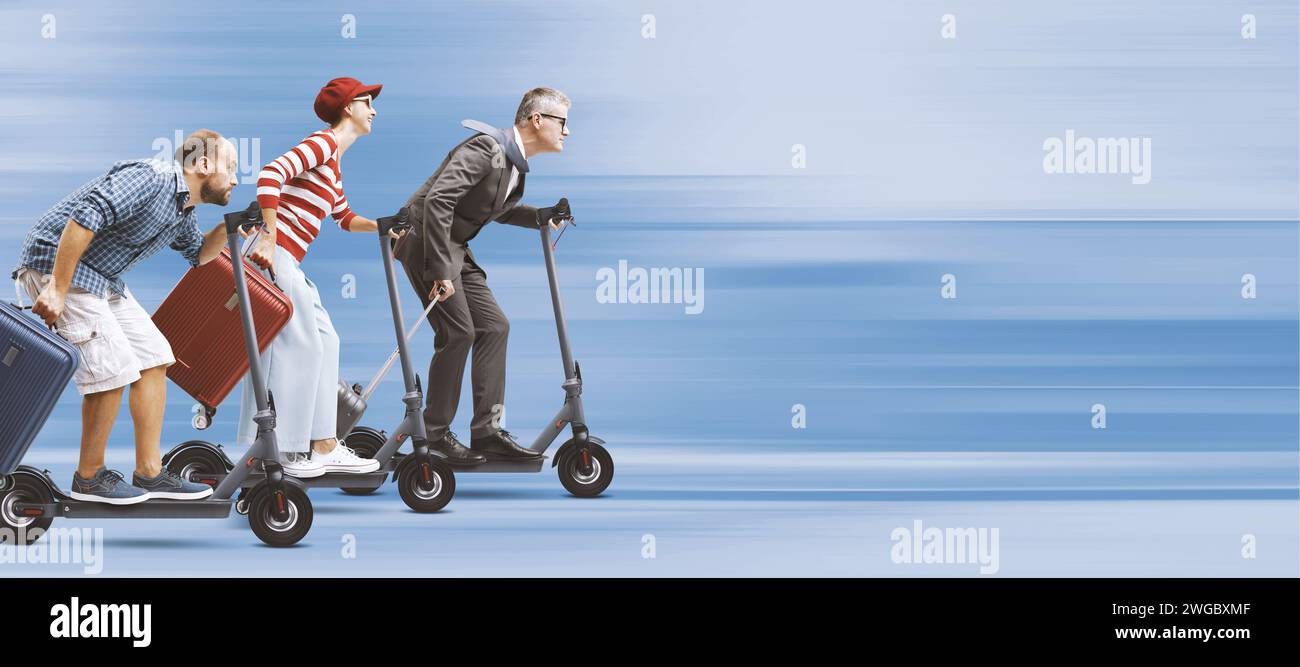Travelling people carrying luggage and riding fast electric scooters