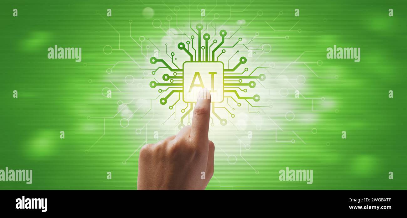 Human hand touching an AI chip, Artificial Intelligence background Stock Photo