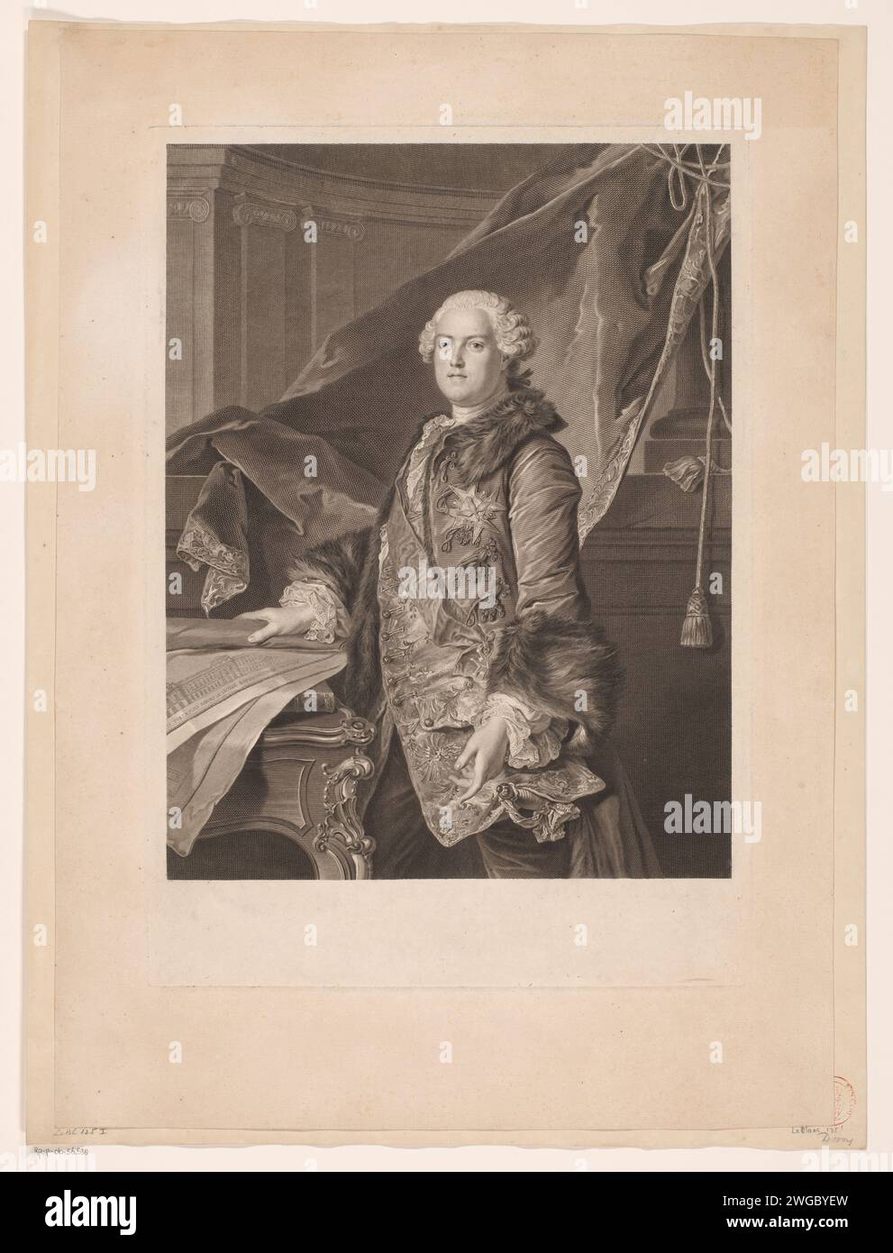 Portret van Abel François Poisson de Vandières, Johann Georg Wille, After Louis Tocqué, 1761 print   paper engraving / etching historical persons. plan  architecture Stock Photo
