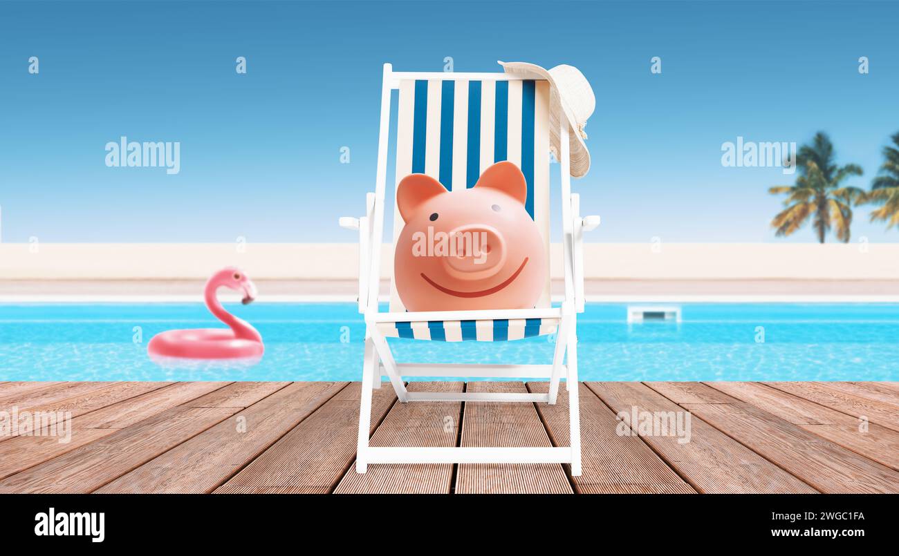 Happy piggy bank sunbathing on a deckchair at the tropical resort