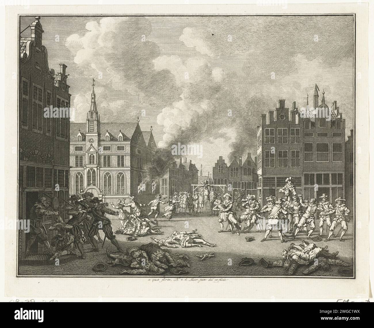 Naarden's massacre, 1572, in or before 1752 print On December 1, 1572, a large part of the population of Naarden was murdered by the Spaniards after the city had surrendered to the Spanish troops. Citizens are shot and hung on Stadsplein. Lying on the street and the houses are on fire. Netherlands paper etching massacre  war. setting on fire (of conquered city). destruction of conquered city Naarden Stock Photo