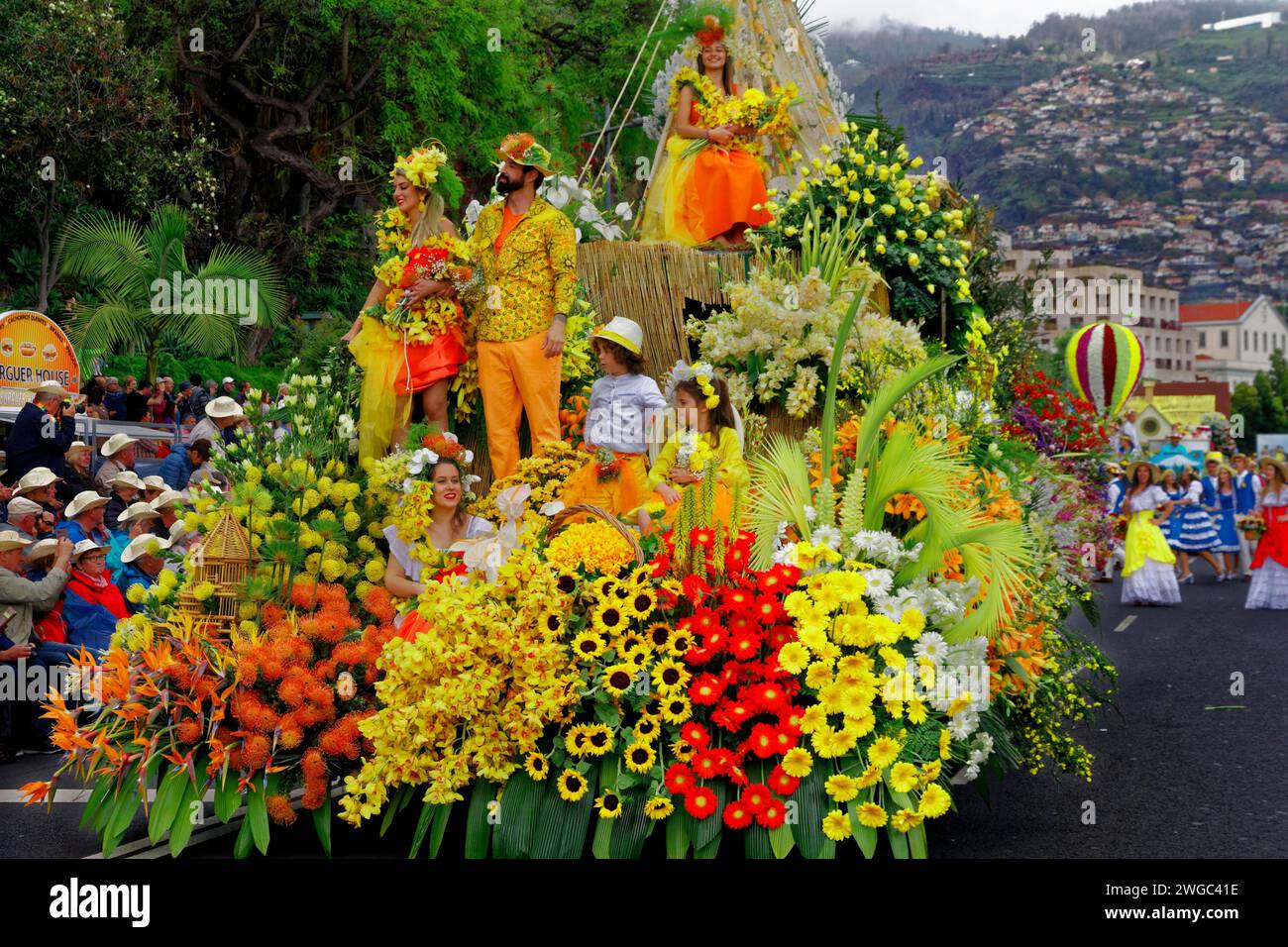 Flower float, Flower decoration, People, Flower festival, Funchal, Madeira Island Stock Photo