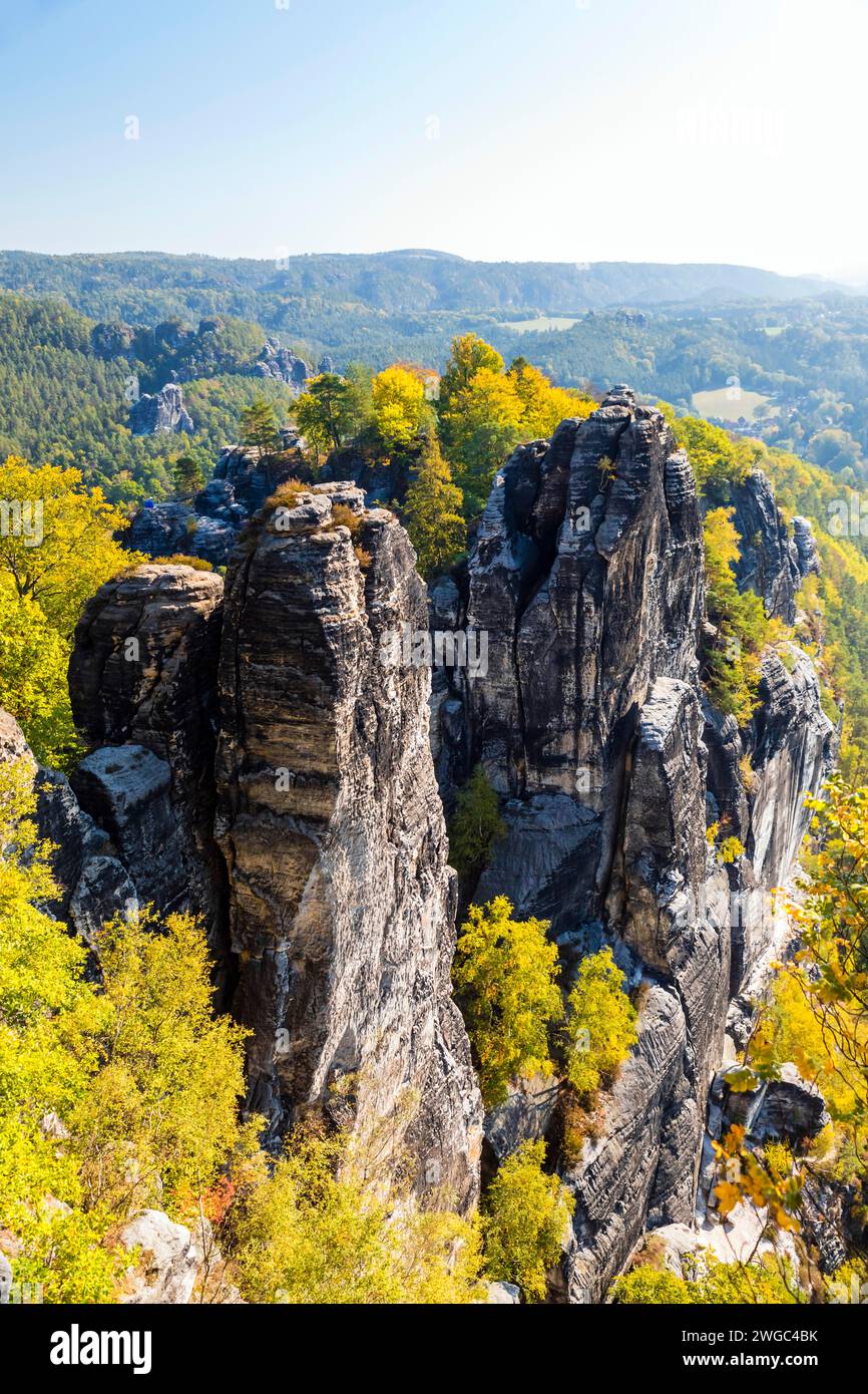 Germany, Saxony, Sandstone formation in Saxon Switzerland, Elbe Sandstone Mountains Stock Photo