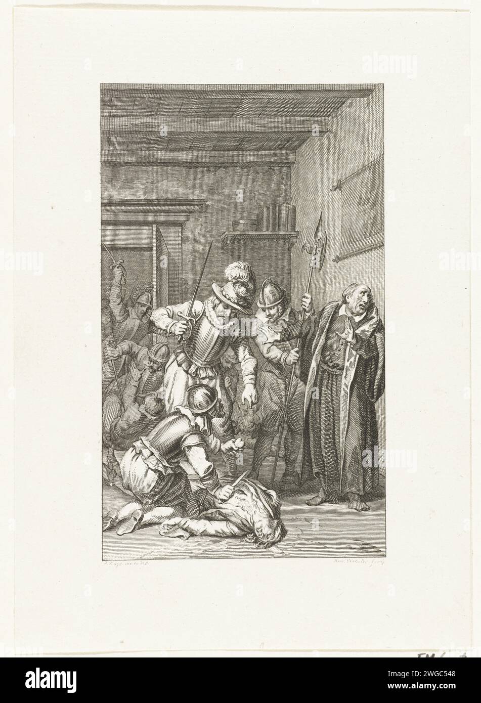 The son of L. Hortensius killed and mutilated by the Spaniards, 1572, 1790 print The Spaniards kill and cut the heart from the body of Augustine Hortensius, the son of Lambertus Hortensius, rector and historian in Naarden, December 1, 1572. Netherlands paper etching mutilation of the corpse Naarden Stock Photo