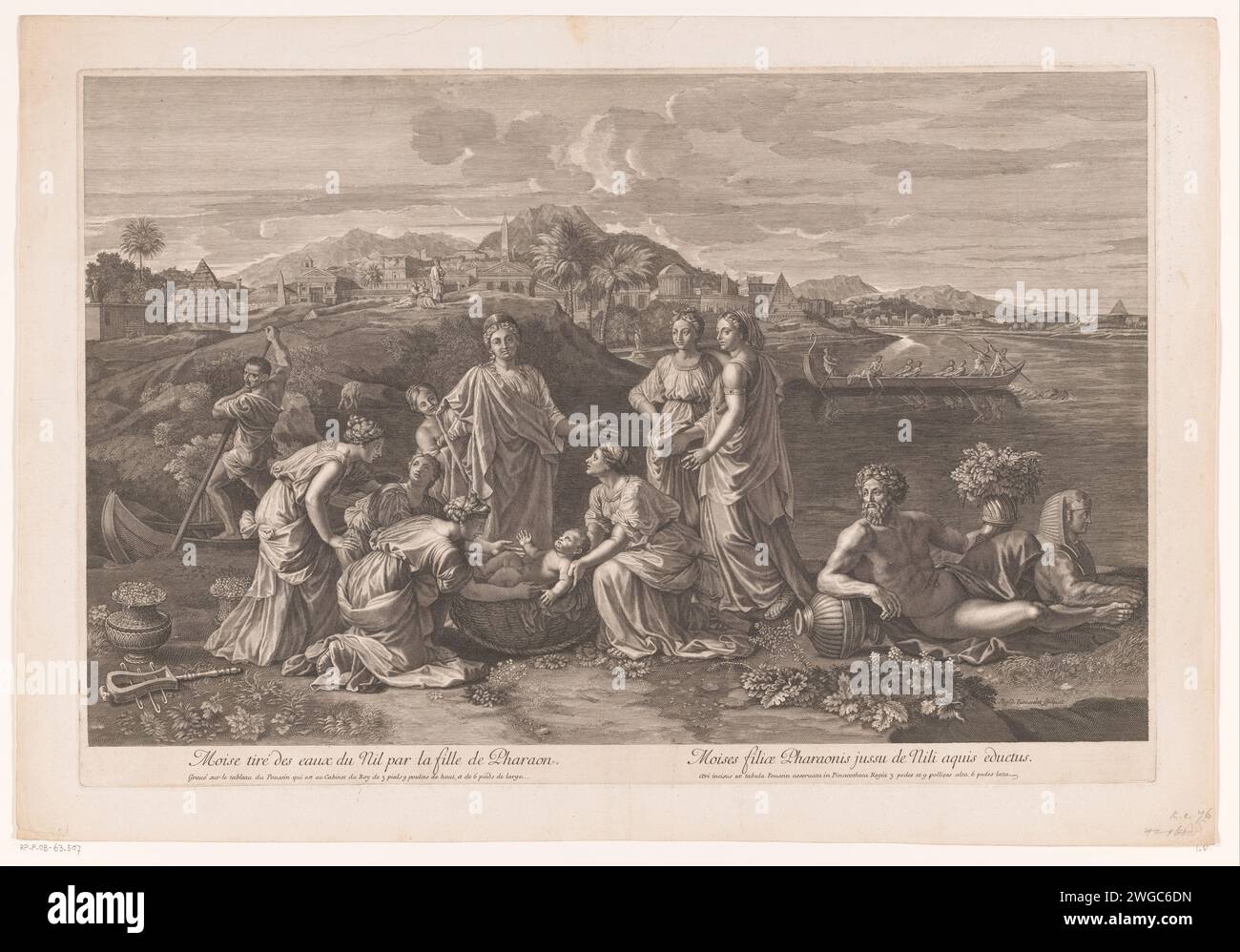 Moses is found by the daughter of the Pharaoh, Gilles Rousselet, After Nicolas Poussin, 1620 - 1686 print   paper etching / engraving Moses is pulled out of the water by the servants. personification of river Nile; 'Nilo' (Ripa) Stock Photo