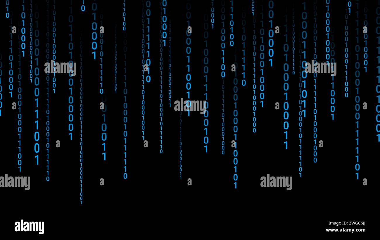 hacker background with blue binary bit code streaming down or falling ...