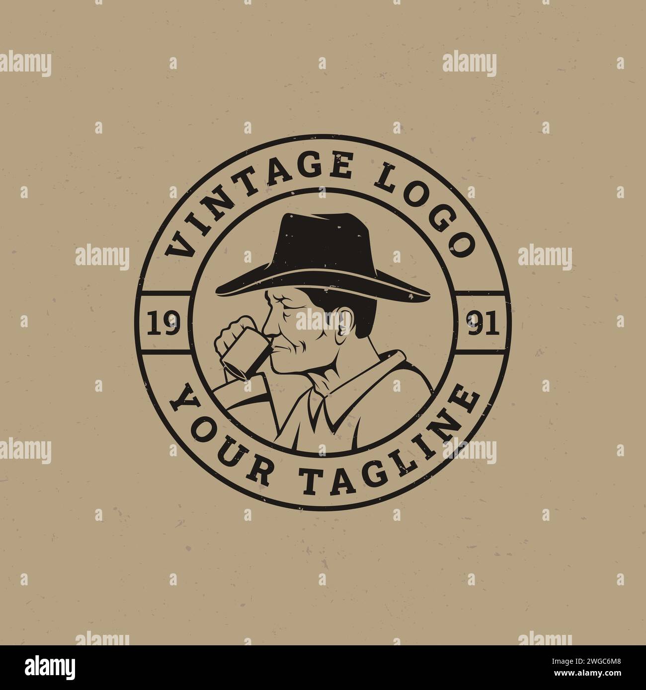 old man logo concept with hat drinking water in vintage retro art style vector, for cafe restaurant business Stock Vector