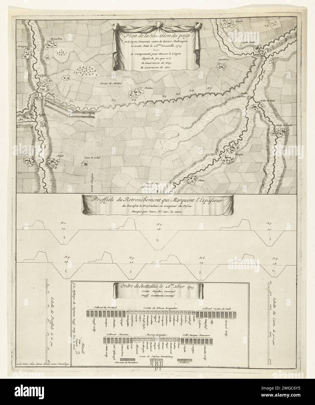 Map of the French Line in Brabant, 1703, 1703 - 1717 print Map of the French line in Brabant between the Mehaigne and Oude Gete rivers, December 28, 1703. Under the map two profiles, the first of the parapets and canals of the line and the second of the battle order of the Allies on December 28, 1703. The Hague paper etching / engraving maps of separate countries or regions. fortifications, military engineering Liège Stock Photo