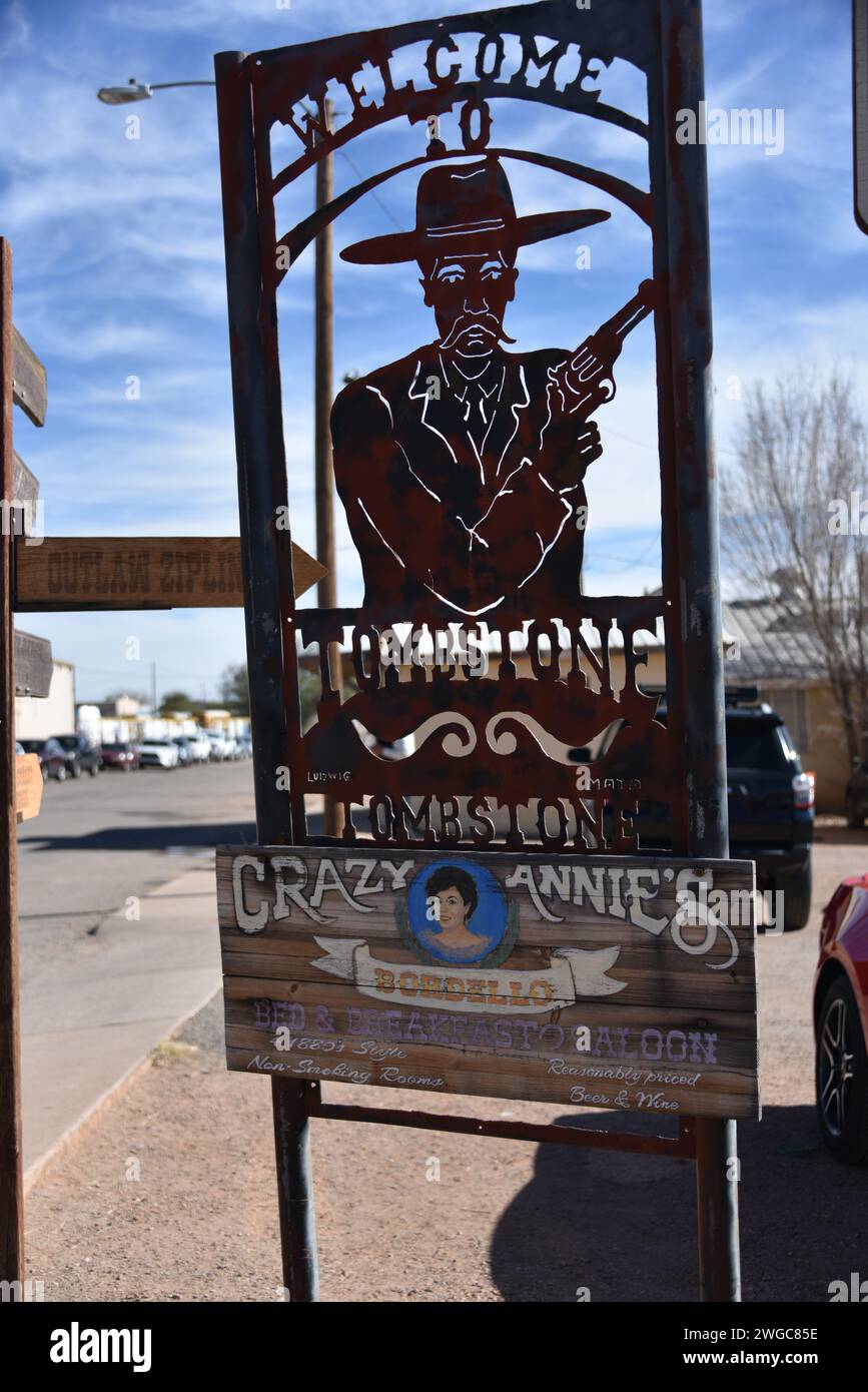 Tombstone, Arizona. U.S.A. 12/30/2023. Allen Street.  Tombstone’s main street.  Boutiques, saloons, dining, art galleries, and collectible shops. Stock Photo