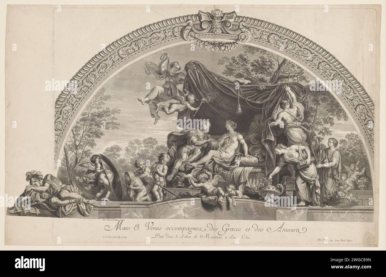 March as Venus puts putti in Gratiën, Jean Baptiste de Poilly, After Pierre Mignard (1612-1695), 1679 - 1728 print Ceiling painting in the Saint-Cloud gallery. Paris paper etching / snipping Mars and Venus disrobed by cupids and the Graces Saint-Cloud Stock Photo