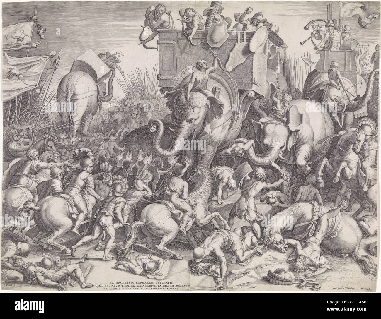Battle of Zama between Scipio and Hannibal, Cornelis Cort, After Giulio Romano, After Rafaël, 1567 print Battle between Rome and Carthage, led by Scipio and Hannibal. The Carthagen army runs on elephants, the Romans are on foot and on horseback, but can eventually beat Carthage. Rome paper engraving Hannibal crosses the Alps with his army and his elephants. (story of) P. Cornelius Scipio Africanus Major. battle. trunked animals: elephant Stock Photo