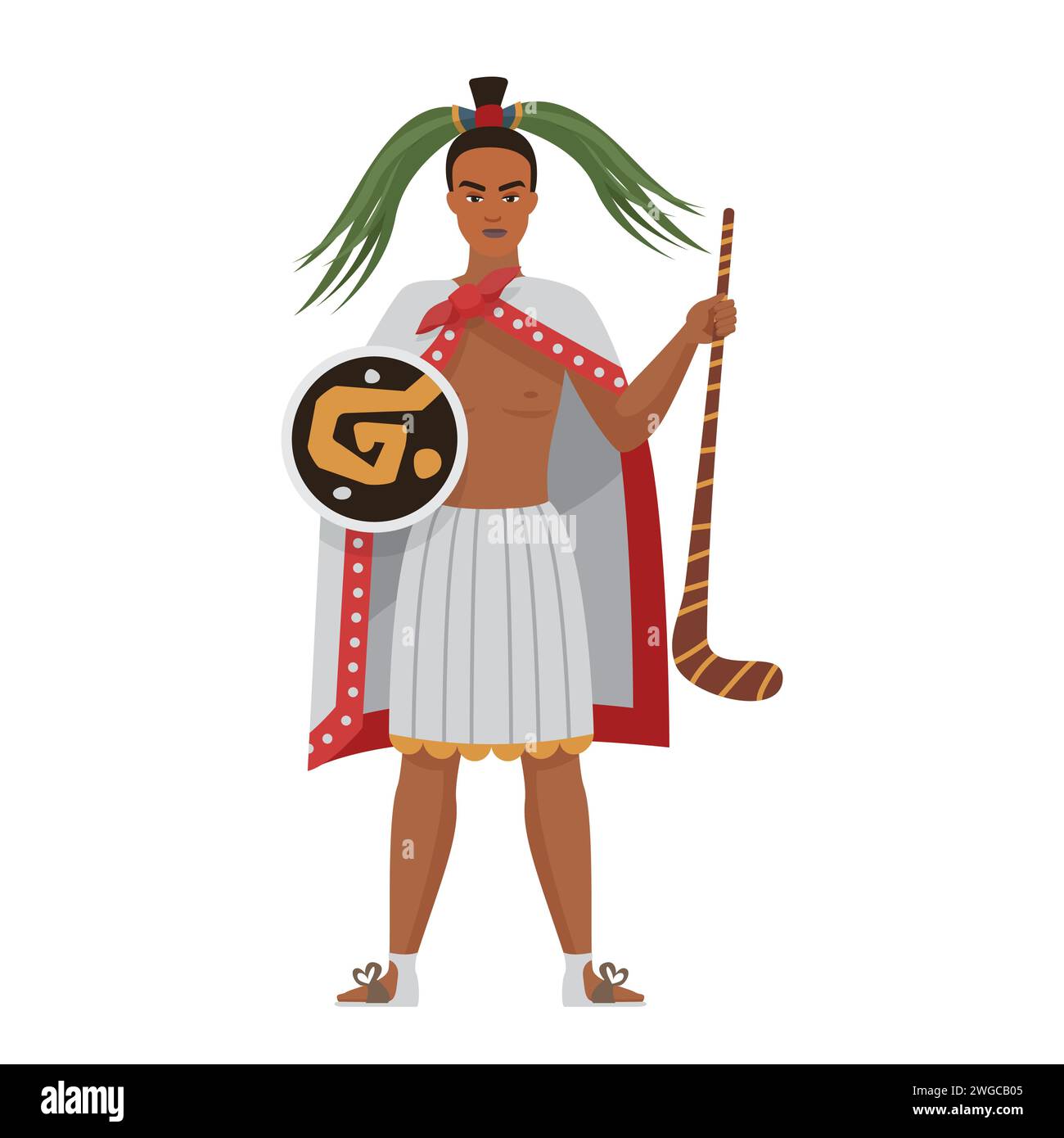 Aztec warrior, man in headdress holding shield and wooden weapon vector illustration Stock Vector