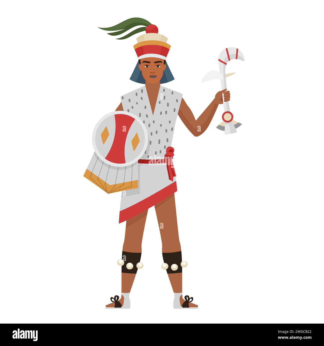 Aztec warrior of ancient tribe, man in headdress crown holding shield and weapon vector illustration Stock Vector