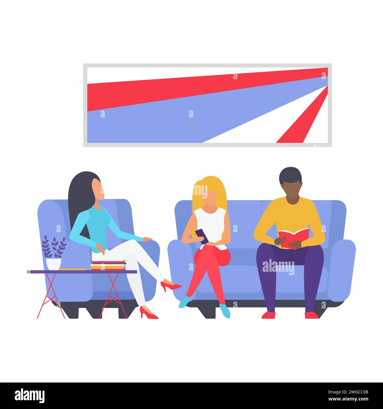 People sitting on sofa, group of male and female characters waiting