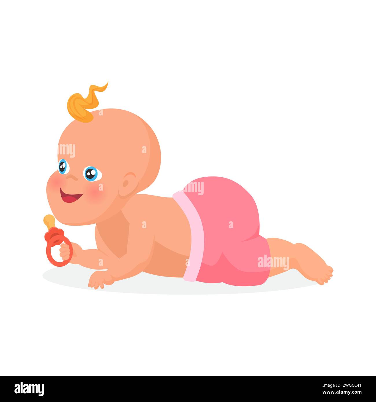 Newborn baby in pink diaper crawling with curiosity, infant kid holding ...