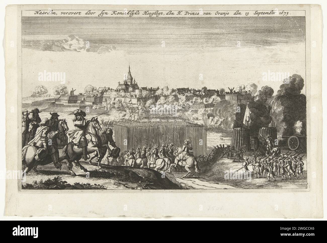 Siege and conquest of Naarden by the Prince of Orange, 1673, 1676 print Siege and conquest of Naarden by the Prince of Orange, 12 September 1673. On the prince on horseback between his staff of officers. In the middle the advancing armies and storming of the city. Northern Netherlands paper etching / engraving siege, position war. capture of city (after the siege) Naarden Stock Photo