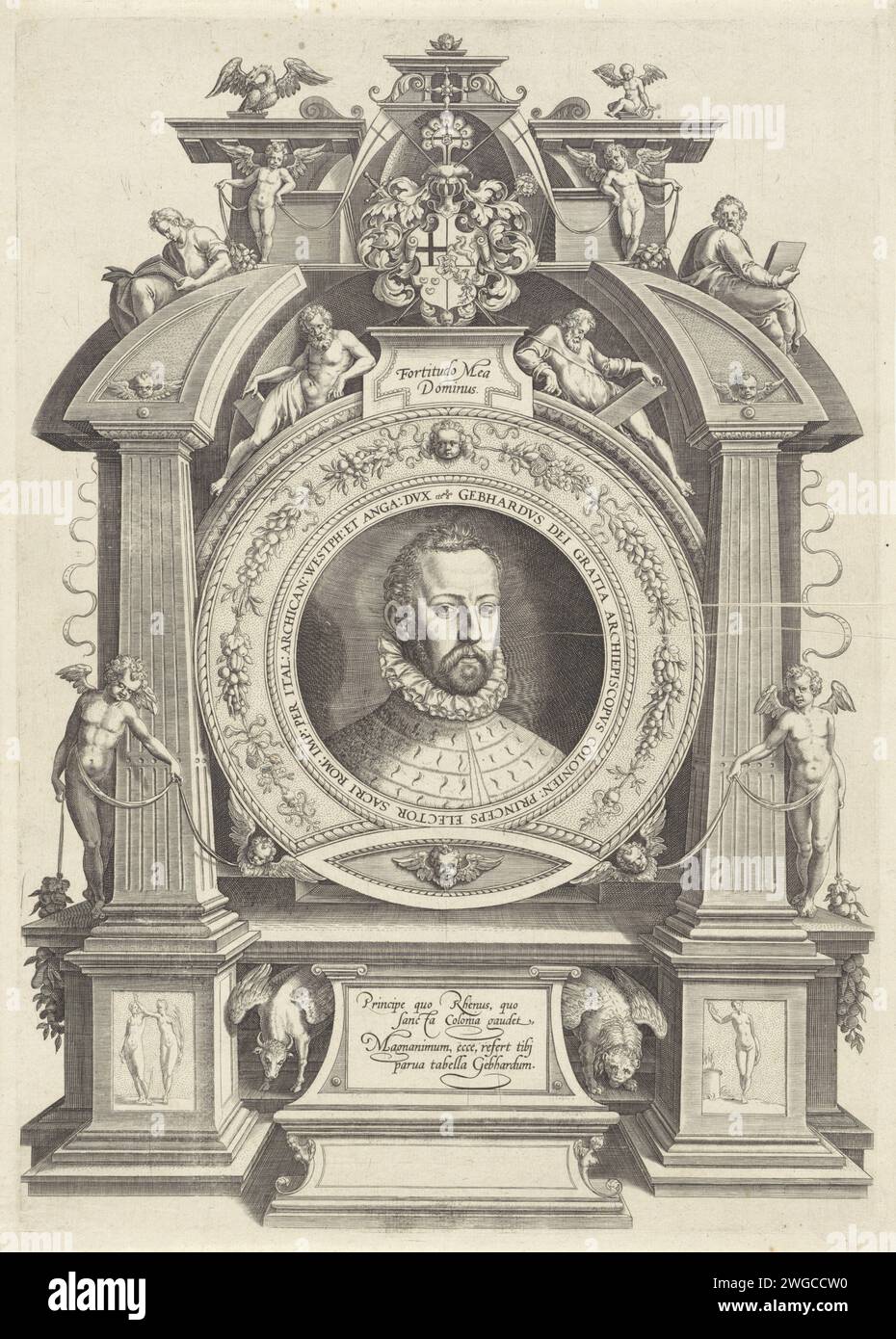 PortraT van Gebhard Truchsess von Waldburg -Truchburg, Johann Sadeler (I), 1577 - 1600 print Bard Truchsess von Waldburg-Trauchburg, Archbishop and Elector of Cologne. Bust in a round list of edge script and flower vines, contained in architectural frame with four prophets at the top. In the middle of the weapon of Waldburg, flanked by Putti, with the Latin text 'Fortitudo Mea Dominus' in a cartouche. Up and below the symbols of the evangelists. Germany paper engraving neck-gear  clothing (with NAME) (+ men's clothes). armorial bearing, heraldry. archbishop, bishop, etc. (Roman Catholic). the Stock Photo