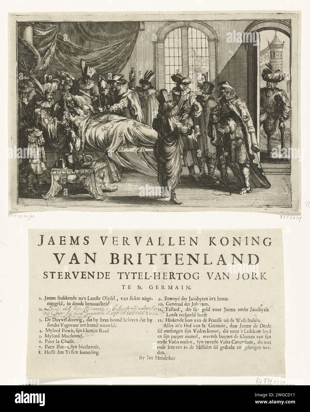 Cartoon on the death of Jacobus II, 1701, 1701 print King Jacobus II on his death bed, December 16, 1701. Doctors and courtiers stand around the king's bed, a Turkish physician and Louis XIV on the left with a cloud sprayer to purify the king. To the right of the bed, a group of courtings discusses the situation, including confessor Father Bouru. On the right in the doorway a French messenger from the West Indies, with turban, wooden leg and stool. Print and a text sheet with the title and the legend 1-12. Antwerp paper etching / letterpress printing deathbed. political caricatures and satires Stock Photo