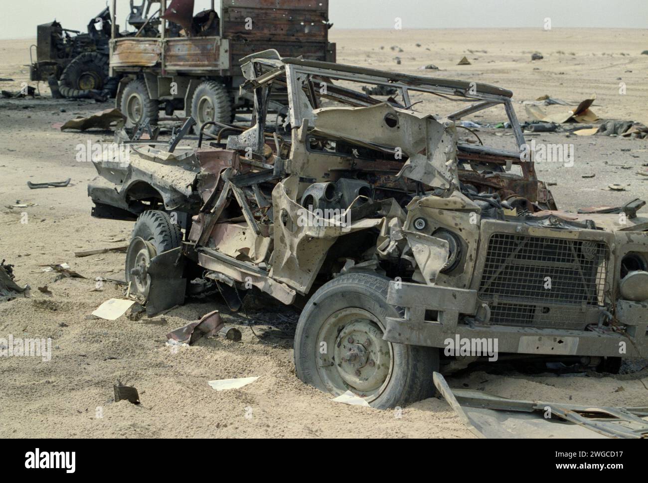 5th March 1991 Part of an Iraqi convoy of about two dozen military vehicles that were attacked with cluster bombs by the USAF a week before, north of Kuwait City. Stock Photo