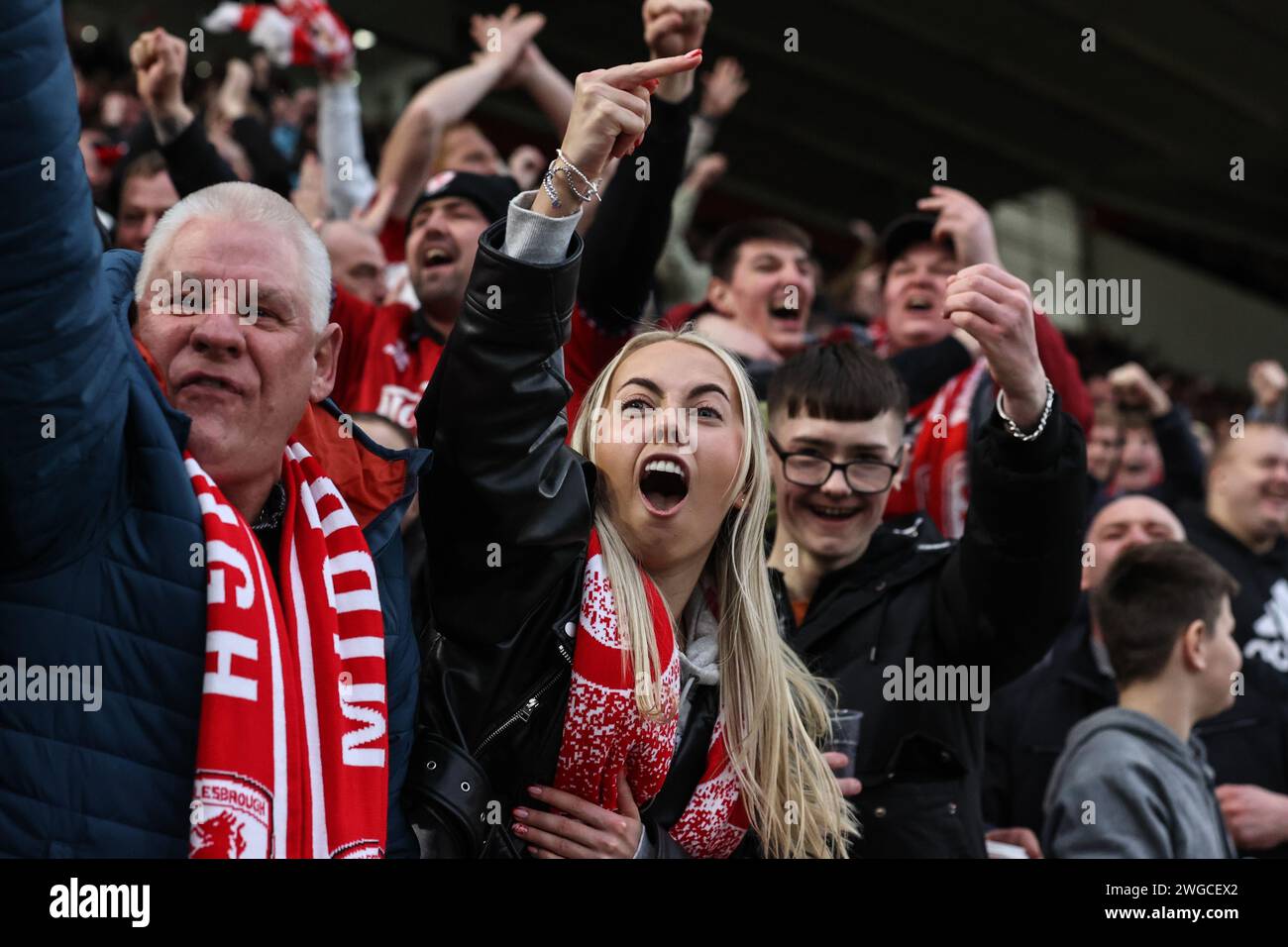 Middlesbrough fans celebrate the goal of Marcus Forss of Middlesbrough to make it 1-0 during the Sky Bet Championship match Middlesbrough vs Sunderland at Riverside Stadium, Middlesbrough, United Kingdom, 4th February 2024  (Photo by Mark Cosgrove/News Images) Stock Photo