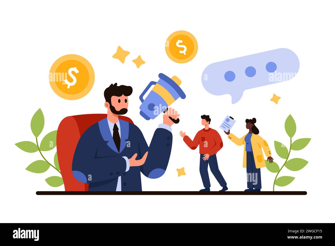 Arrogant bad behavior of corporate leader, tyrant and office dictator with ambitions. Tiny crowd of people trying to share opinion to big boss or employer with megaphone cartoon vector illustration Stock Vector